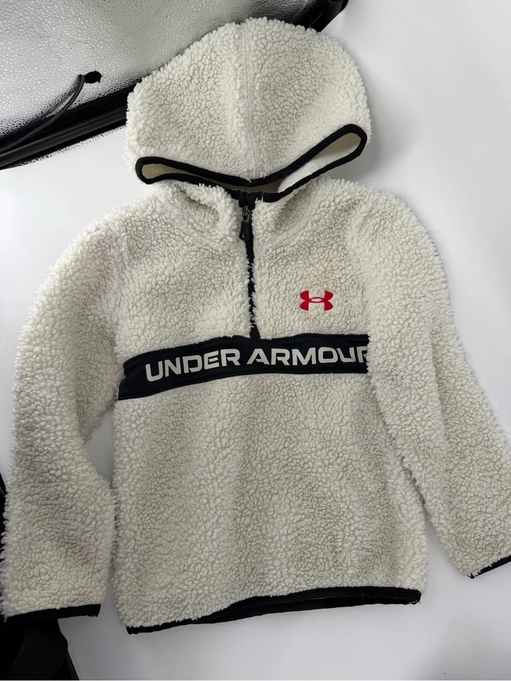 Under Armour Boys Size 5 White Sherpa Fleece Half Zip Pullover Hoodie Jacket